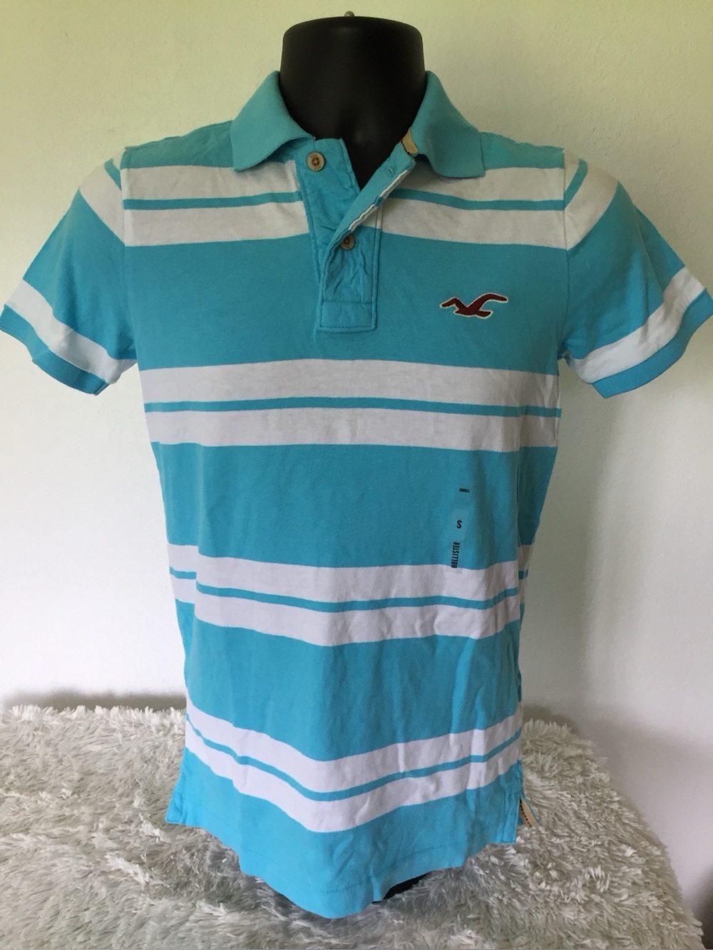 NWT Y2K HOLLISTER Mens/Dudes SS Striped Polo Shirt w/ Logo in Aqua Blue (SMALL)